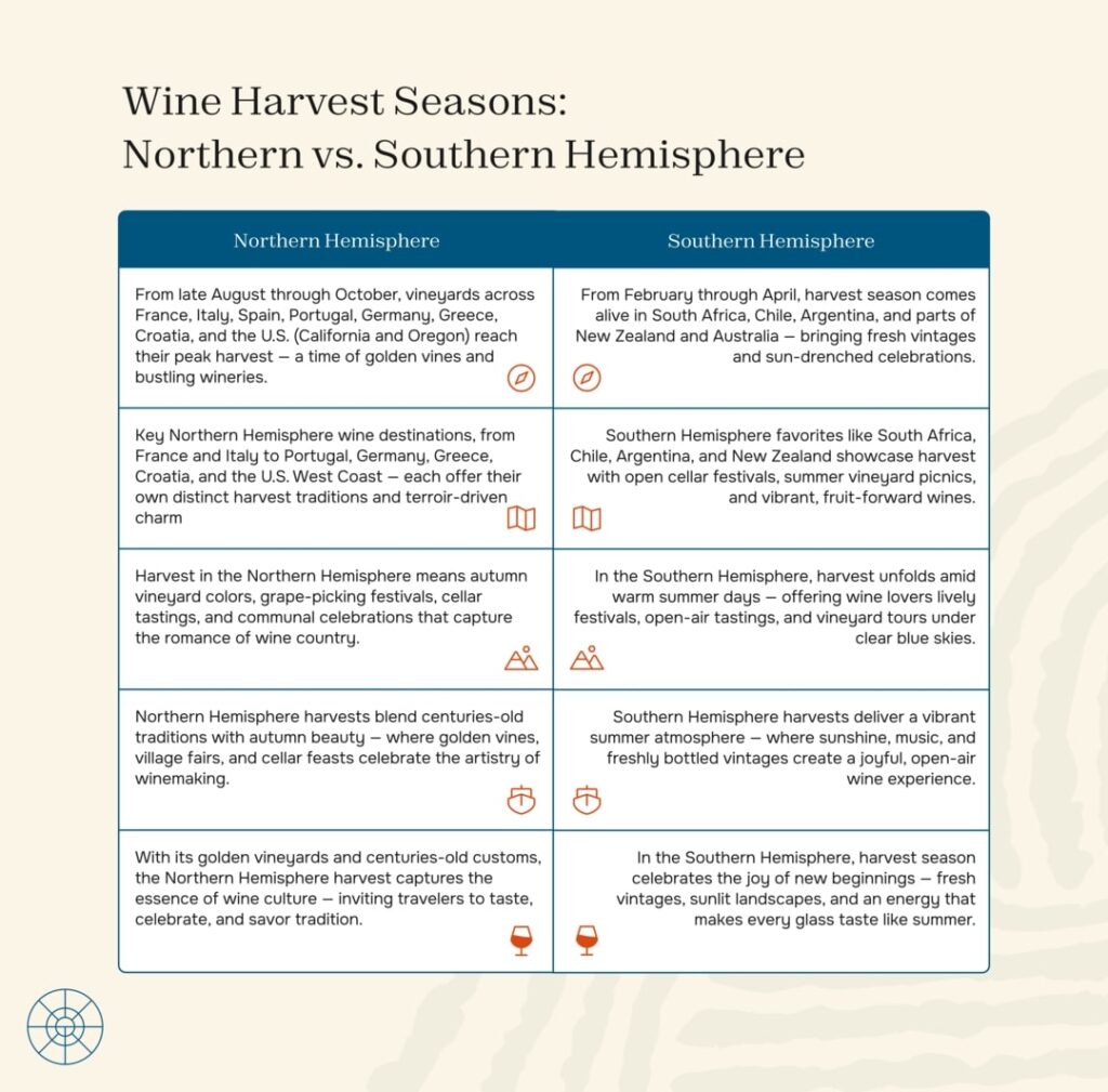 Wine harvest seasons: northern vs. southern hemisphere.