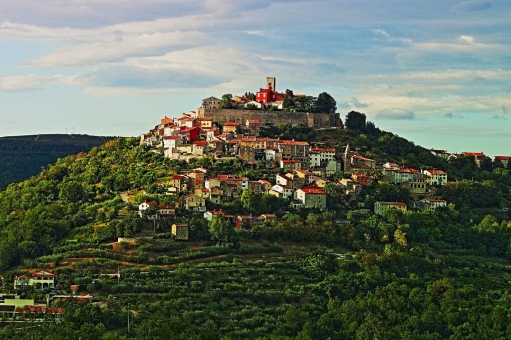 Hilltop town surrounded by vineyards in Istria, Croatia.