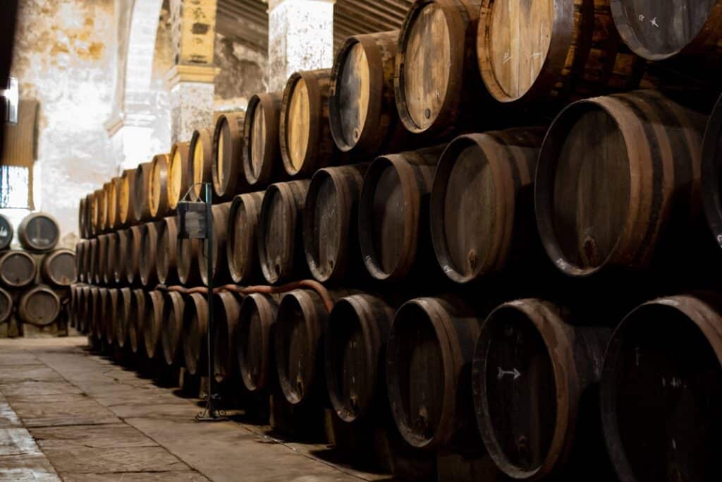 Sherry aging in barrels in Andalusia, Spain.