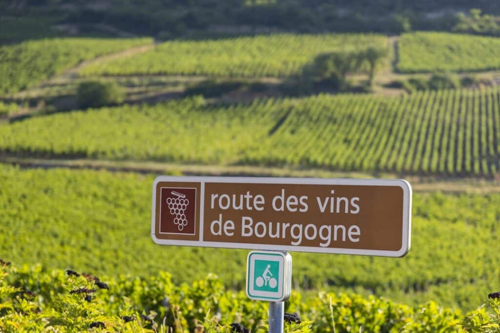 Burgundy wine road sign in Burgundy France. 