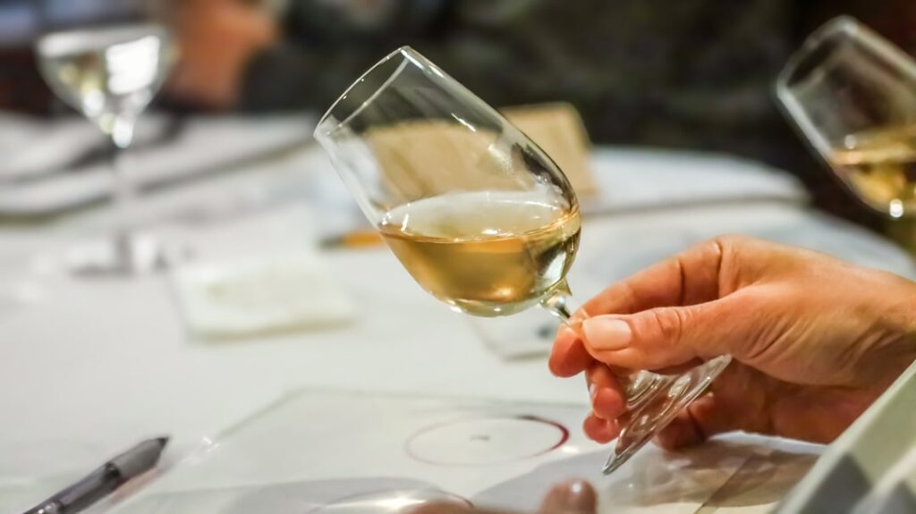 Visual assessment of wine color in glass during a wine tasting.