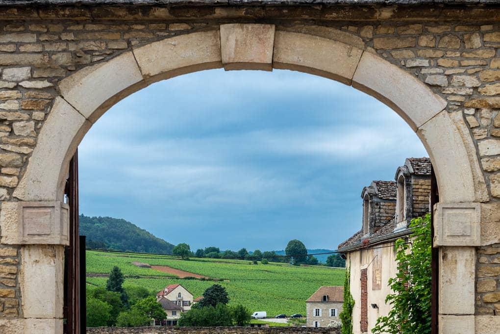 Vineyard view through a stone archway in Burgundy Cote d'Or.