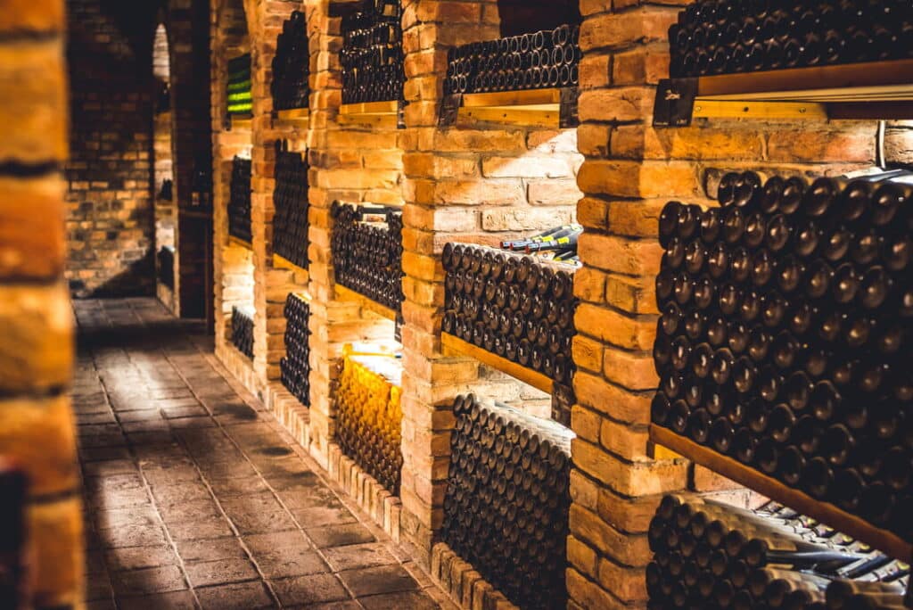 Bottles of red wine in a private cellar in Tuscany.