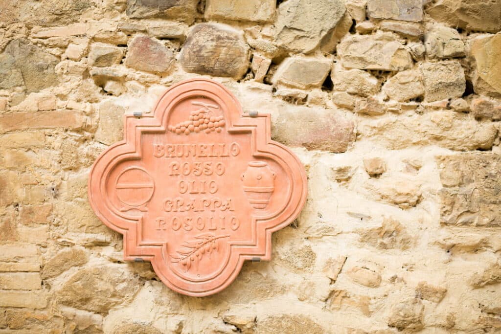 Brunello plaque in Montalcino Tuscany Italy (Montalcino the home of Brunello)