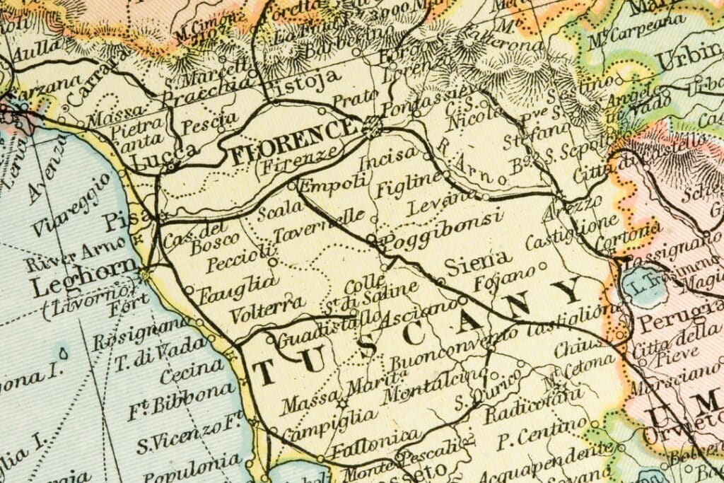 Historical map of Tuscany Italy