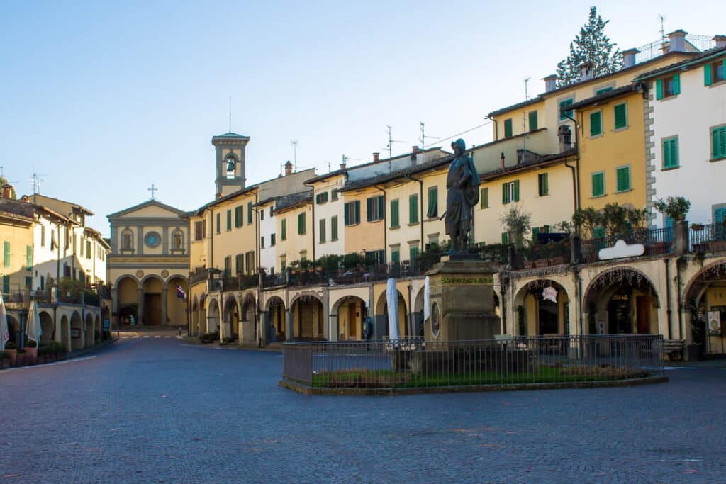 The central piazza of Greve in Chianti, gateway village to Chianti Classico wine country, Tuscany, Italy