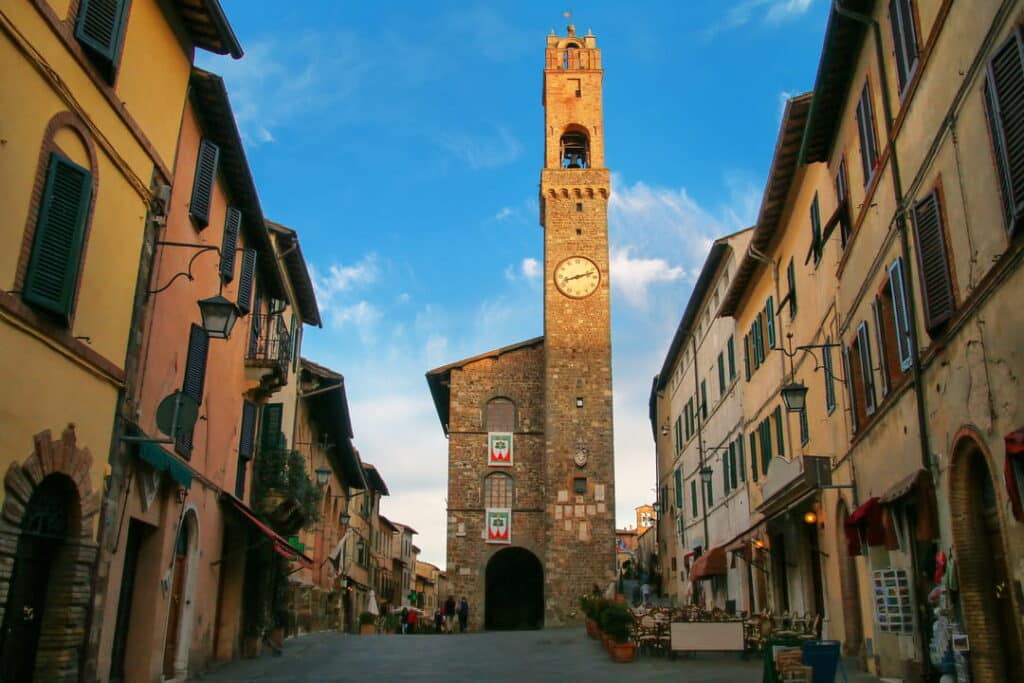 The medieval clock tower in the town of Montalcino, the heart of Brunello di Montalcino wine country, Tuscany, Italy